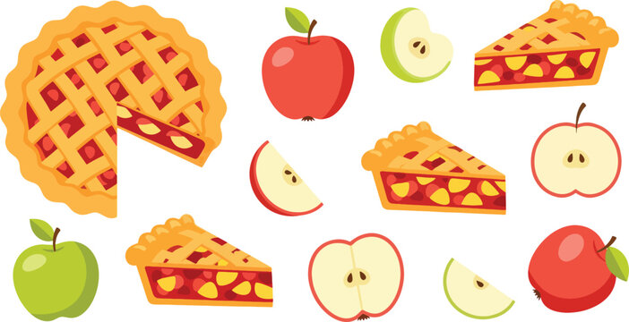 A cheerful illustration features a collection of apple pies and apple slices against a white background.
