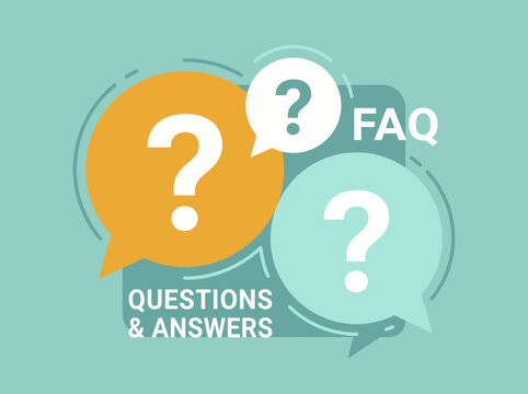 Three question mark speech bubbles display FAQ questions and answers icon