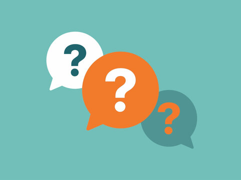 A digital illustration of three colorful speech bubbles with question marks.