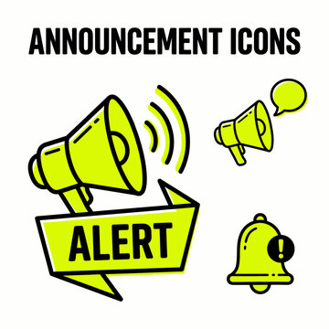 Announcement icons featuring alert megaphone and bell notification
