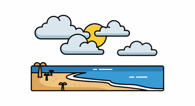 Stylized cartoon of a sunny beach scene with clouds and ocean waves