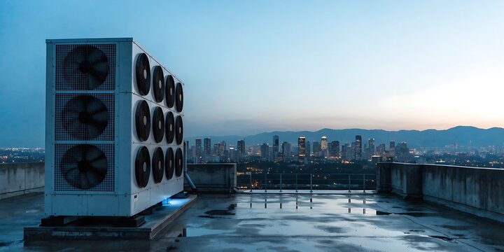 HVAC service maintains rooftop air conditioning units and pipework above city buildings for commercial cooling