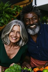 Fototapeta premium Smiling mature couple with fresh vegetables for healthy cooking background and banner design