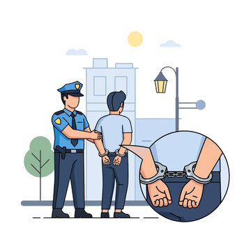 A police officer arrests a suspect in handcuffs on a city street