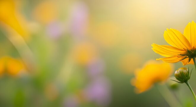 Golden yellow flower and a small green bud are highlighted by warm side lighting in a panoramic garden scene