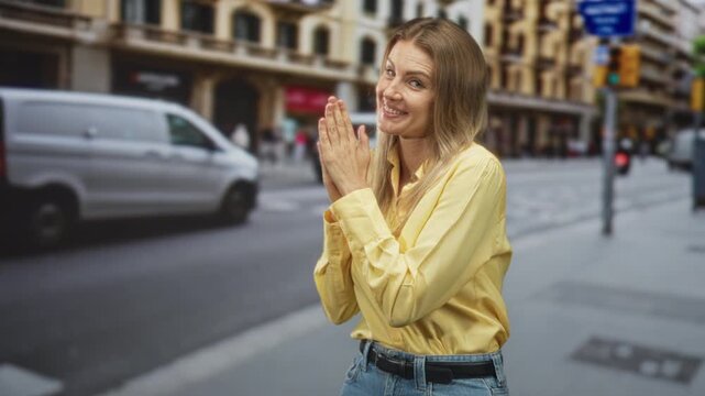 Blonde woman pressing hands together in a pleading prayer pose on a busy street crosswalk by shops and a white van; hopeful.