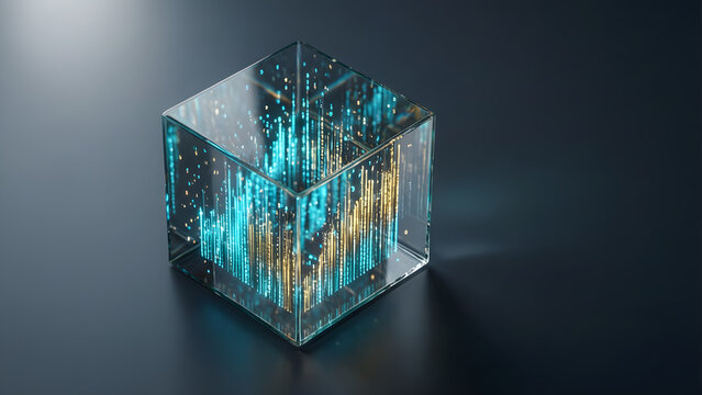 Abstract digital data cube with glowing blue and gold light particles representing information flow and technology connectivity