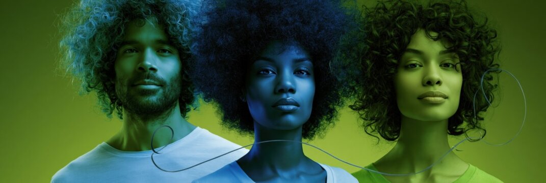 Diverse trio portrait with colorful studio lighting and modern composition for banner background and editorial design