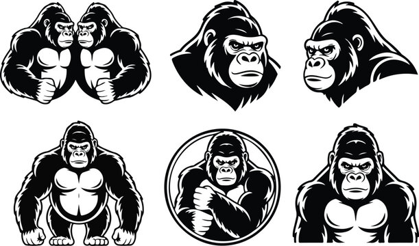 Gorilla silhouette vector illustration with bold black primate shape isolated on white background for logo and design