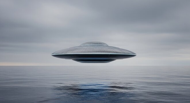 A metallic saucer-shaped craft hovers silently above the still surface of a vast ocean under a heavy, grey overcast sky in a wide shot view, calm, horizon, futuristic