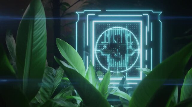 Glowing futuristic holographic interface shining behind lush tropical green plants in a dark cybernetic jungle