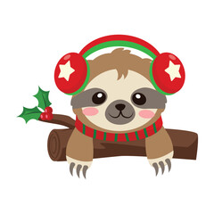 Fototapeta premium Cute Christmas Sloth Wearing Festive Headphones and Scarf