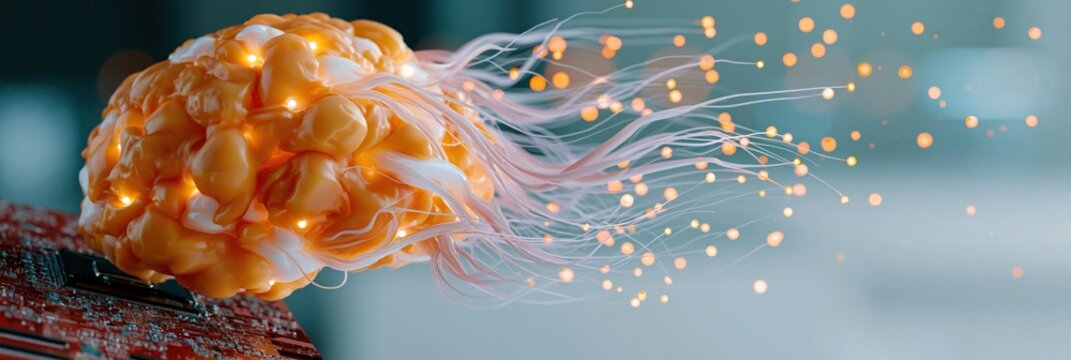 Orange pulsing neural mass with trailing light filaments over circuit board edge for futuristic wallpaper and banner design