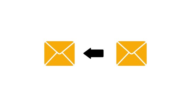 animation of mail icons with a red arrow indicating message transfer, conceptual motion graphics representing email delivery, communication, sending data, and network messaging on a white background.