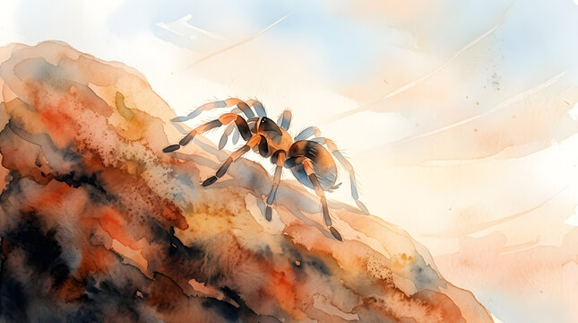 Tarantula Spider Watercolor Illustration on Desert Rock Surface for Nature and Wildlife Education Concepts