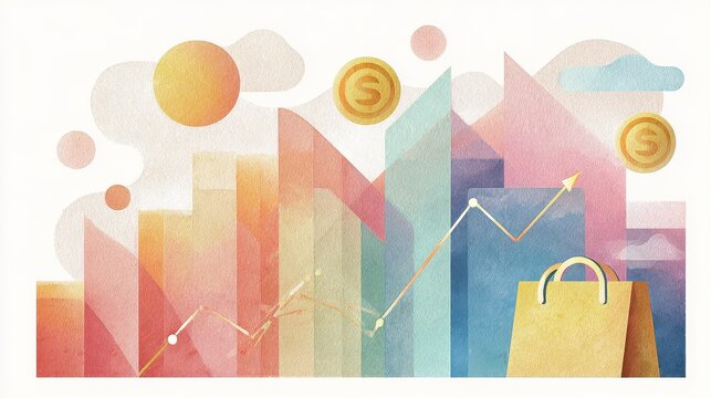 Economy macro trend analysis theme side view water color colored pastel flat design.