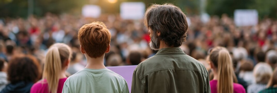 Rear view of a large outdoor crowd at a demonstration for civic rights and community rally background and poster design