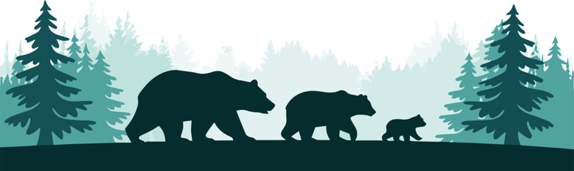 Bears walking through evergreen forest silhouette © Icon Stock