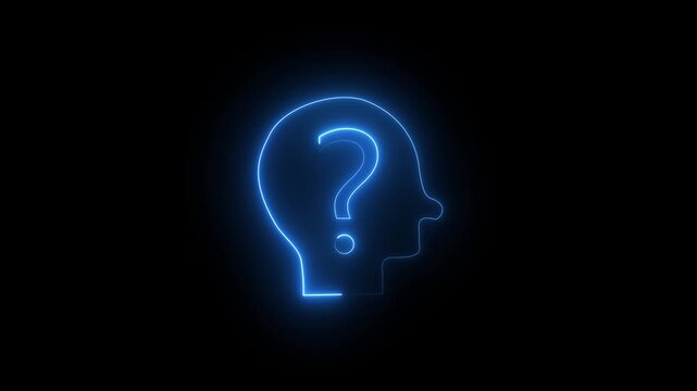 Neon line Human head with question mark icon black background.