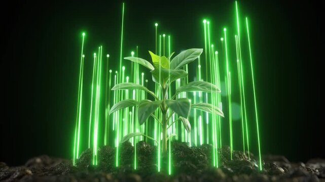 Green Energy Technology Futuristic Growth of a Plant with Glowing Neon Light Rays