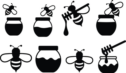 Honey bee and glass jar icon set with black silhouette honey dipper bumblebee and organic apiary product vector symbols © Animesh