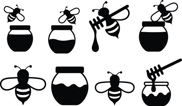 Honey bee and glass jar icon set with black silhouette honey dipper bumblebee and organic apiary product vector symbols