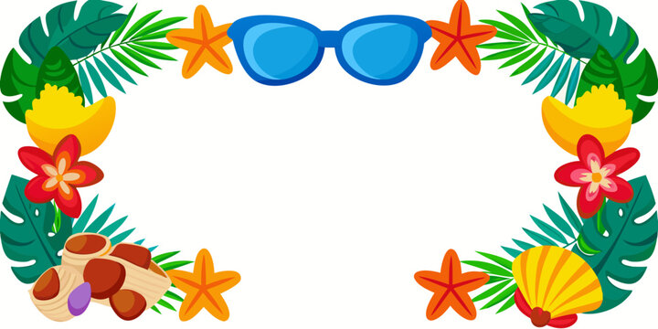 Tropical beach vacation border with summer elements, vector