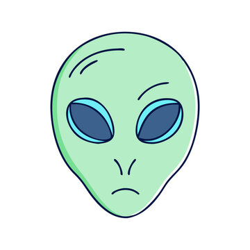 Cute cartoon alien face with big eyes and sad expression on light green background