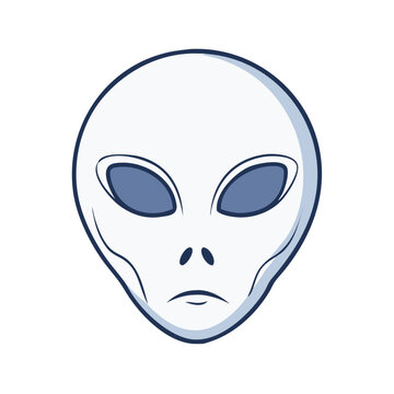 Minimalist blue alien face illustration with large eyes and neutral expression on white background