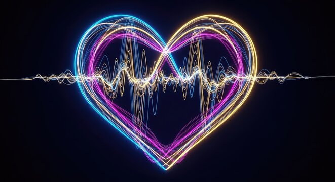 Abstract glowing sound waves forming a heart shape on a dark background, representing a deep love for music and rhythmic acoustic energy, electronic, technology, energy