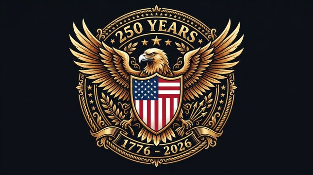 Vintage gold american eagle shield logo with 250 years text on black