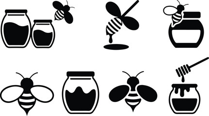 Black silhouette honey bee and jar vector set with honey dipper apiary symbols and natural organic product icons © Animesh