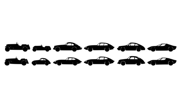 Evolution of Classic Sports Car Silhouettes Vintage Automotive Timeline Vector Illustration