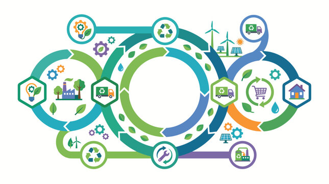 Circular Economy Concept: Sustainable Resource Flow with Recycling and Green Energy Icons