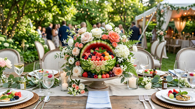 Elegant outdoor garden party table setting with a stunning, vibrant fruit and floral centerpiece, perfect for a summer wedding reception or festive celebration