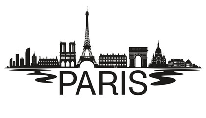 Fototapeta premium Vector illustration of Paris skyline in black silhouette, with “PARIS” text, on white background, modern city identity and tourism design