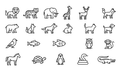 Fototapeta premium Animal line icon set with wildlife and domestic animal vector collection