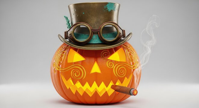 An intricately carved orange jack-o-lantern wearing a vintage brass top hat and leather goggles while smoking a thick, smoldering cigar, industrial, brass, decoration