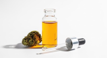 Fototapeta premium Clear glass vial containing golden amber oil resting on a clean white surface with dried green hemp flower and a glass dropper nearby, therapy, hhc, organic