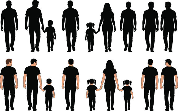 Silhouettes and back views of walking people including families, parents holding hands with children, men, and women set isolated on a light background