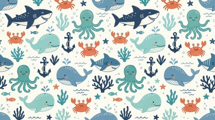 Obraz premium Cheerful cartoon sea animal pattern: sharks, whales, octopus, crabs, anchors, coral