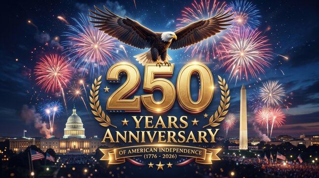 American independence 250th anniversary celebration with fireworks and eagle