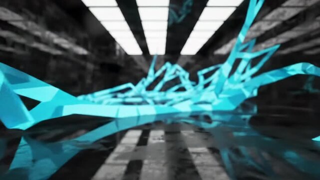 Dynamic electric blue energy patterns flow across a reflective black floor in a minimalist void, casting sharp reflections with cinematic bokeh in an abstract, futuristic, high-contrast video. Secure