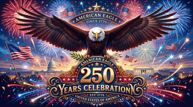 Vibrant american eagle illustration with fireworks and flags celebrating 250 years