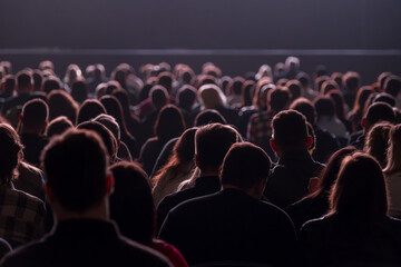 Obraz premium Large seated audience watching performance in dim auditorium, silhouettes and backlit heads create quiet, focused atmosphere.