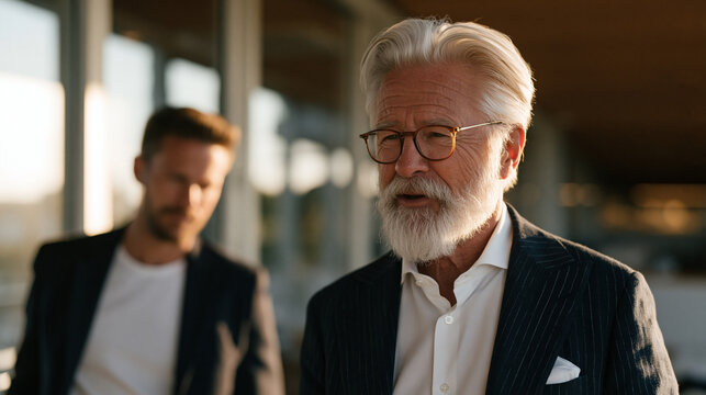 Retired executive mentoring younger successor during early morning boardroom walkthrough, succession planning candid intergenerational moment, corporate wisdom transfer,