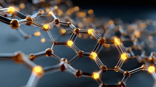 Graphene Molecular Structure: A microscopic view of the hexagonal lattice structure of graphene, with glowing golden atoms interconnected, representing innovation and advanced material science.