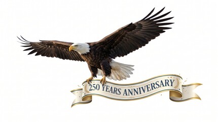 Bald eagle standing on a 250 years anniversary banner isolated on white background