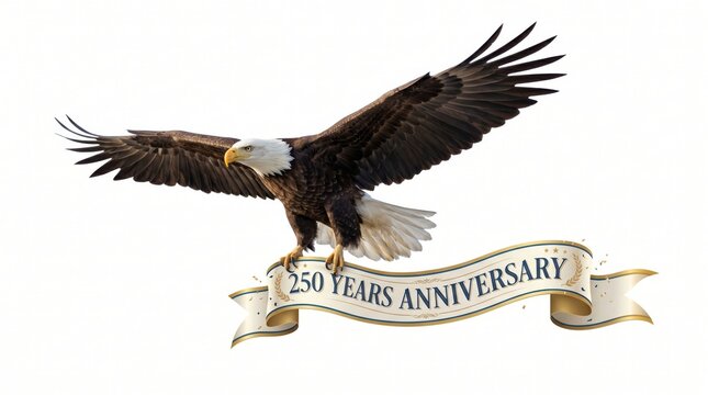 Bald eagle standing on a 250 years anniversary banner isolated on white background
