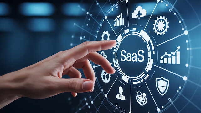 Professional man using interactive hologram interface with business icons representing saas cloud technology services for enterprise digital strategy development and data analysis.